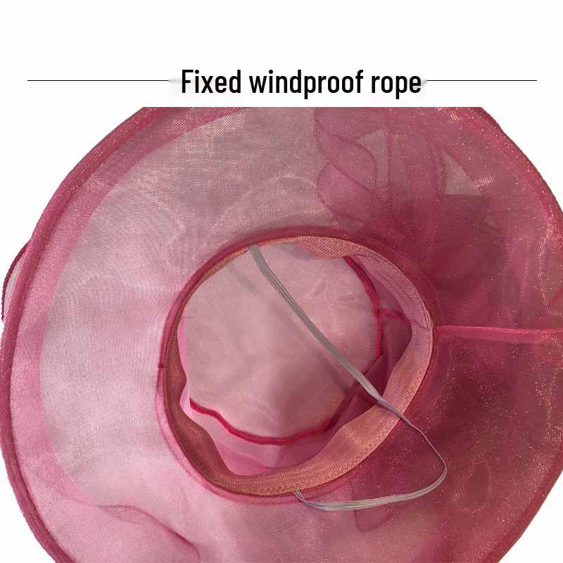 Damen Vintage Sonnenhut mit breiter Krempe und Organzablumen