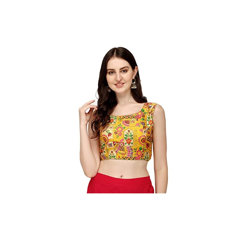 Vihu Fashion Women's Phanotm Silk Floral Sleeveless Saree Blouse (Position Print 1 Blouse_Yellow_38 Size)