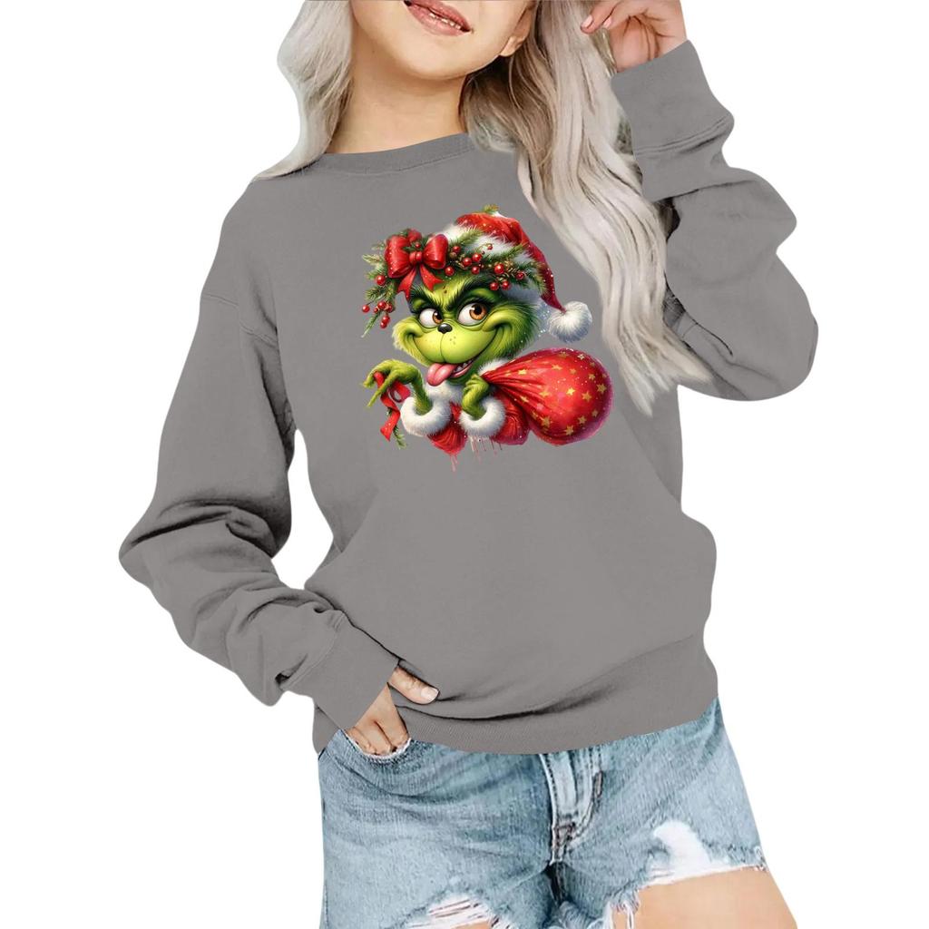 Kids' Fashion Loose-Fit Casual Long-Sleeve Christmas Print Oversized Crewneck Sweatshirt
