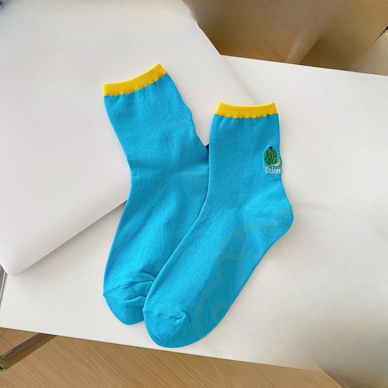 Fruit Embroidery Socks, Women's Mid-calf Socks, Trendy Pure Cotton Japanese-style Cute Sports Student Dopamine Summer Long Socks