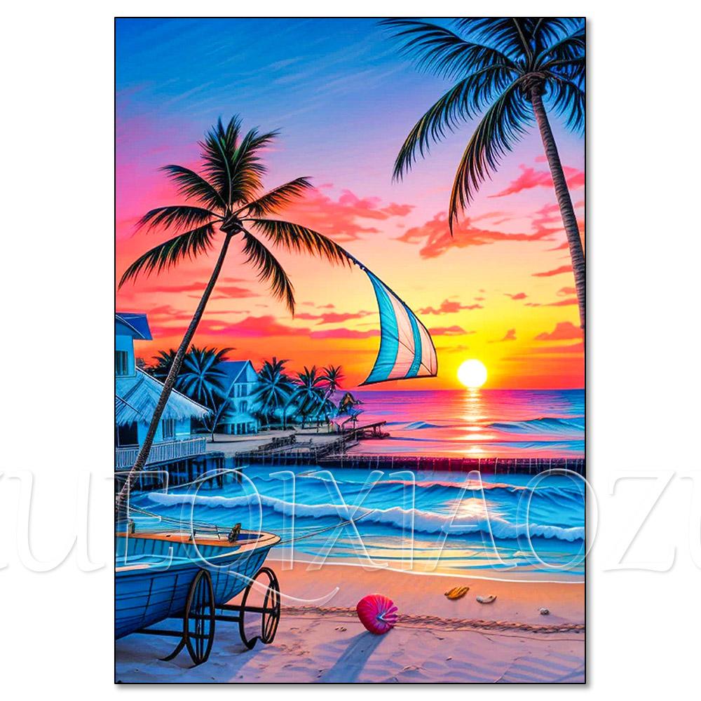 Cactus Sailboat Sunset 5D DIY Diamond Painting Kit Landscape Full Diamond Mosaic Cross Stitch Kit Room Decoration Gift