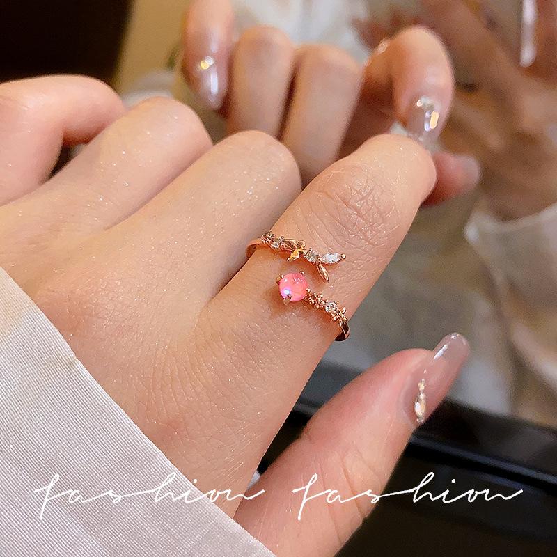 Korean Niche Zirconia Open Heart Ring with Retro Colored Diamonds Adjustable Open