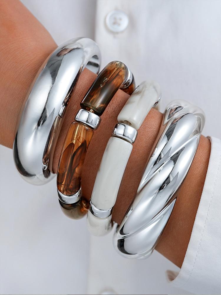

4Pcs/Set Vintage Minimalist Elegant Brown Resin Elastic Bangle Set Fashion Smooth Open Bracelets Women Daily Holiday Jewelry New