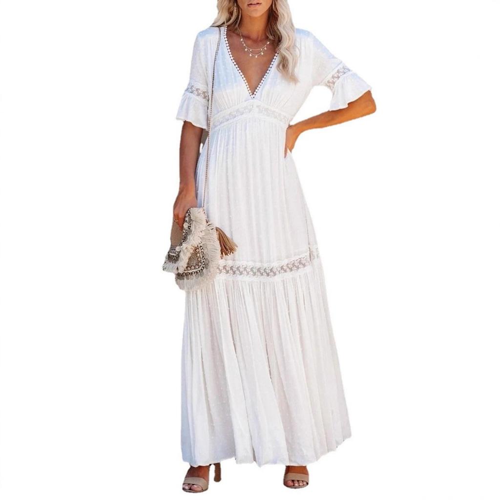 Women's Solid Color V-neck Short Sleeve Long Dress, Lace Trim Spring Summer Dress for European American