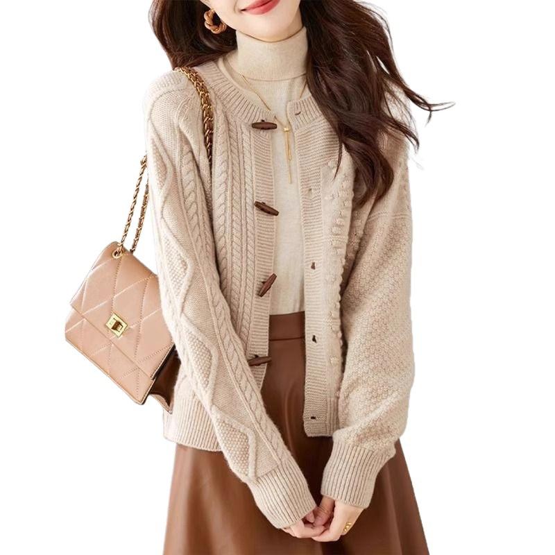 Spring and Autumn Women's Knitted Cardigan Sweater Coat Loose Simple Horn Button