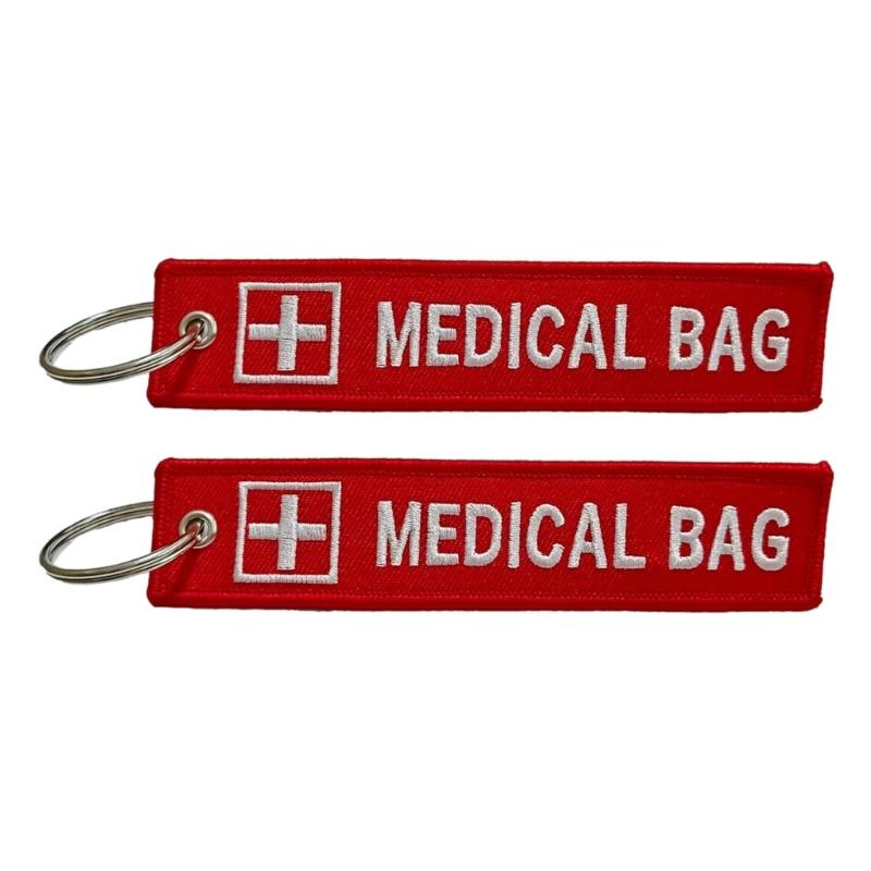 2Pcs Red White Embroidered Component Device Compact Keychain Luggage Identifier With Detachable Metal Ring For Emergency Supplies