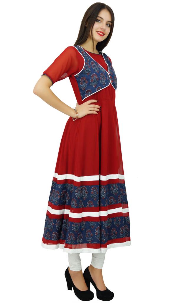 Bimba Women Long Georgette Printed Kurta Flaired Maroon Party Wear Kurti