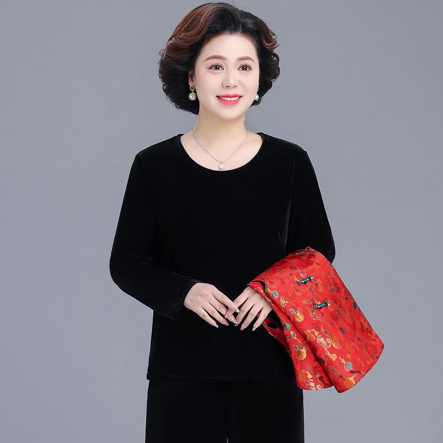 

2026 Spring Velvet Vest & Wide-Leg Pants Set: Long Sleeve Shirt 3-Piece Suit for Middle-Aged and Elderly Women XL