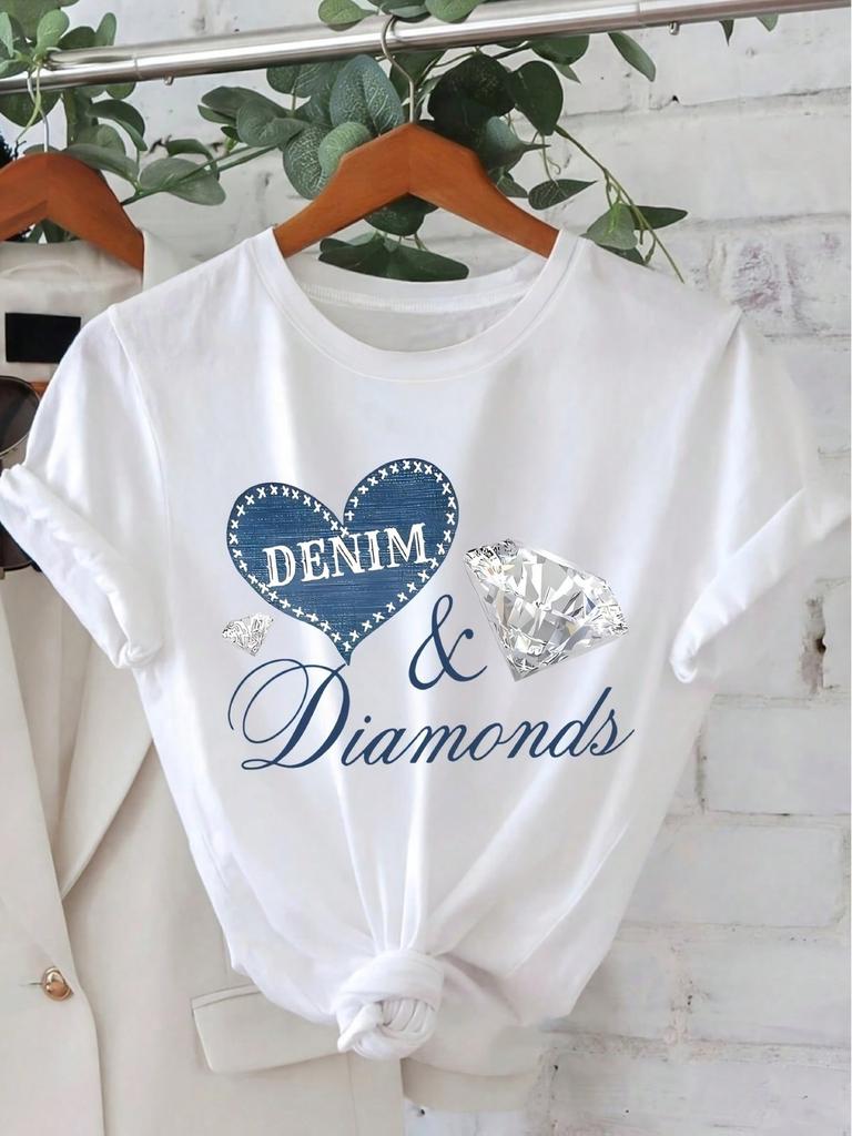 Women Imitation Denim Heart And Diamond Pattern Round Neck Short Sleeve T-Shirt