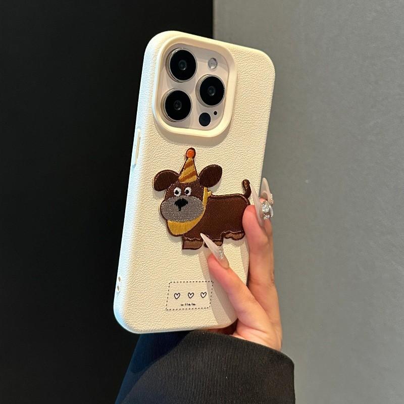 Cartoon Embroidered Dog Phone Case IPhone 16 15 Pro Max 14 13 Mini - White Full Cover Silicone Anti-Drop