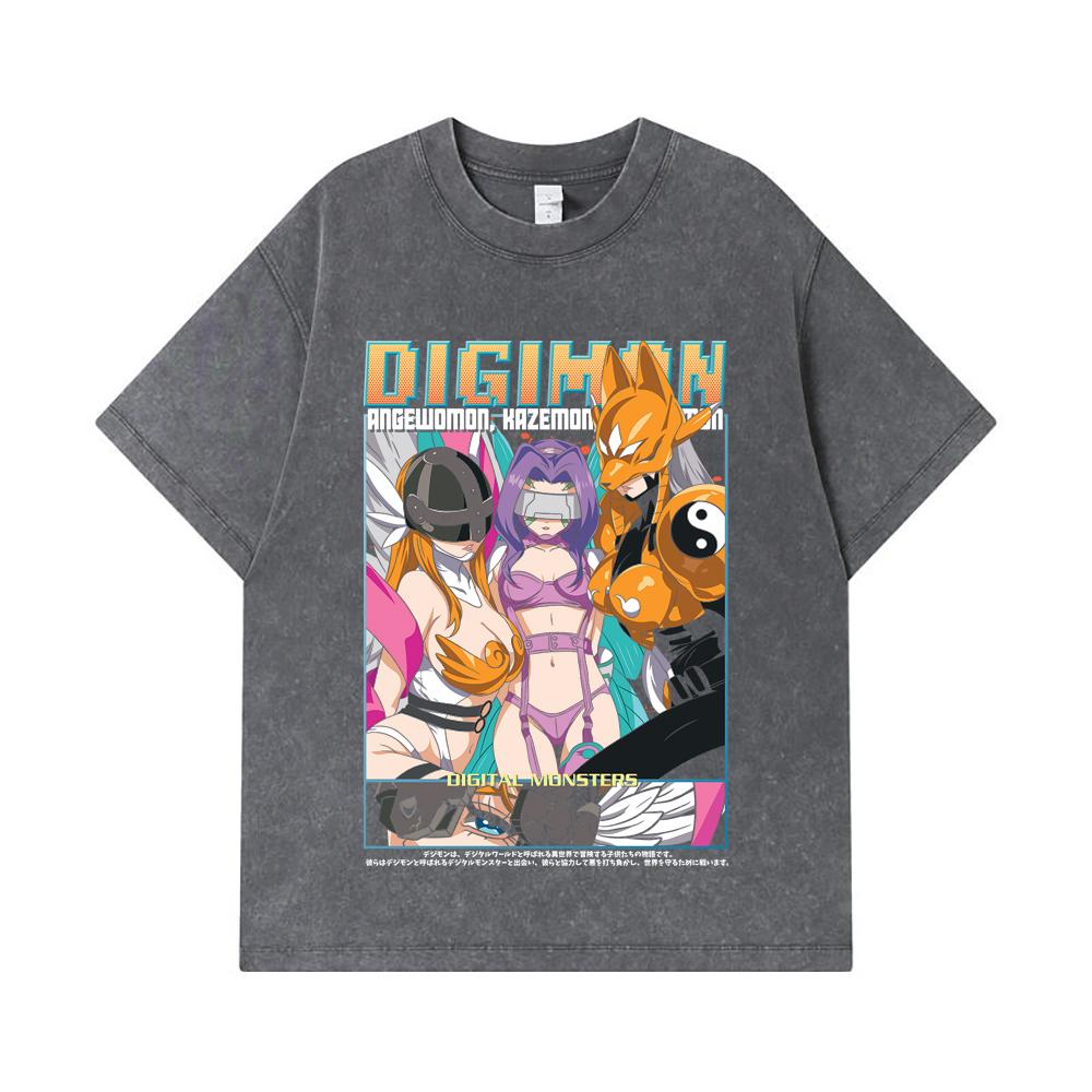 275 GSM Washed T-shirts 100% Cotton Digimon V6 Waifus Print Unisex Heavy Cotton T Shirt