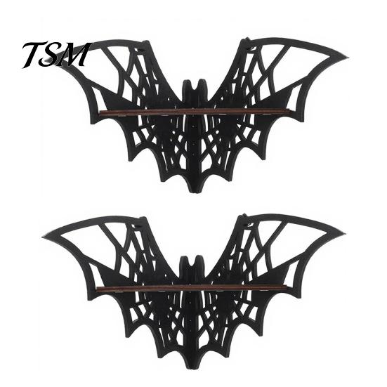 Gothic Style Furniture Halloween Bat Corner Shelf, Decorative Wooden Wall Mount Display Unique Storage Spiderweb Design Floating Rack for Home,
