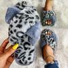 Fashion Leopard Print Fluffy Indoor Slippers for Women Open Toe Cross Strap Plush Slides Woman Winter Faux Fur Comfort House Slippers