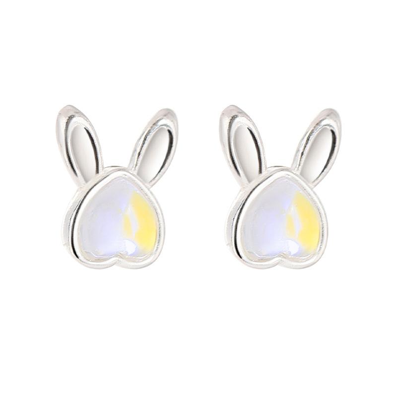 

Love Moonstone Bunny Circle Ear Buckle Милые изысканные маленькие кроличьи ушки Цирконий маленькие серьги-гвоздики Anti-Lost Bronze (White Gold)