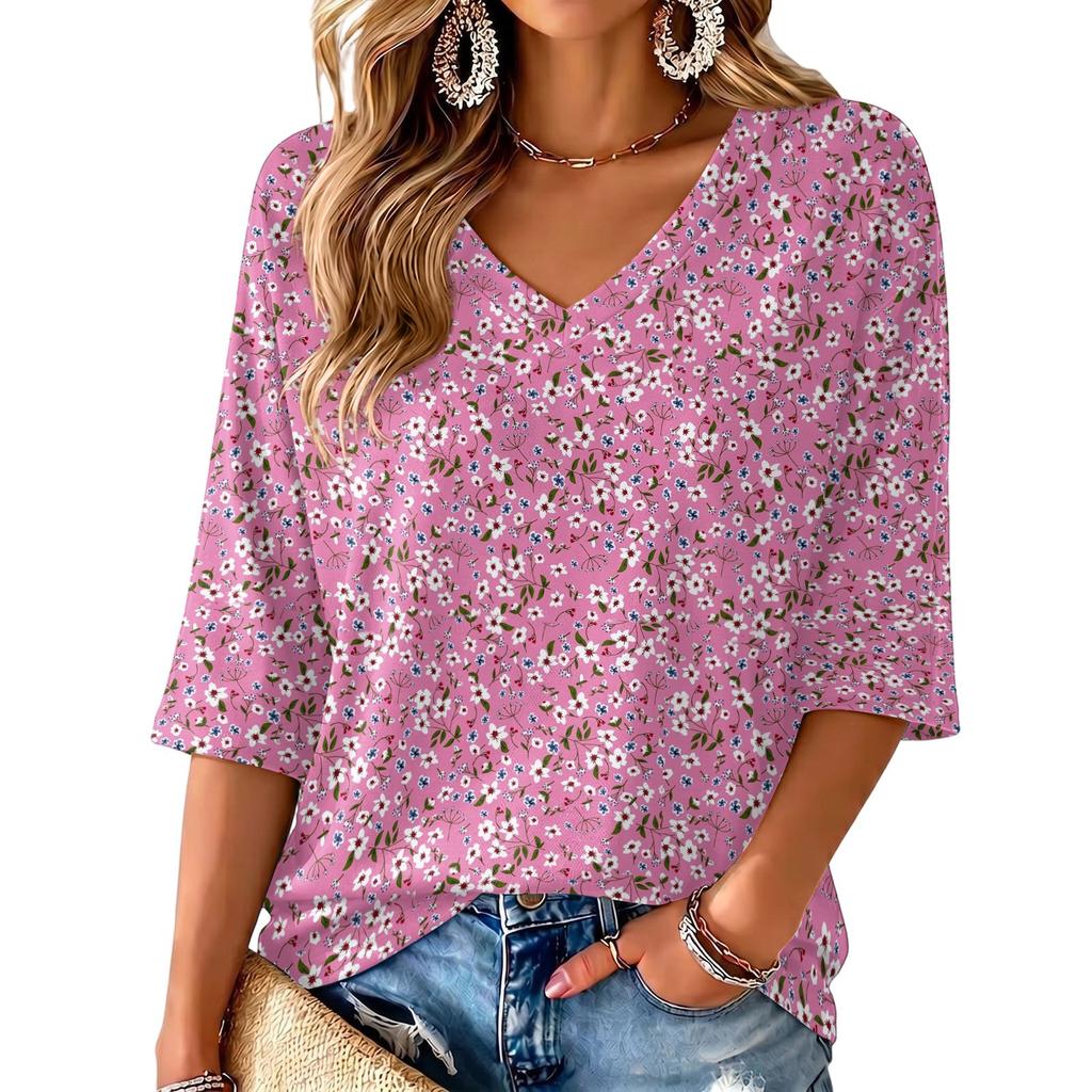 Women's Floral Print V-Neck Blouse Lightweight for Spring and Summer