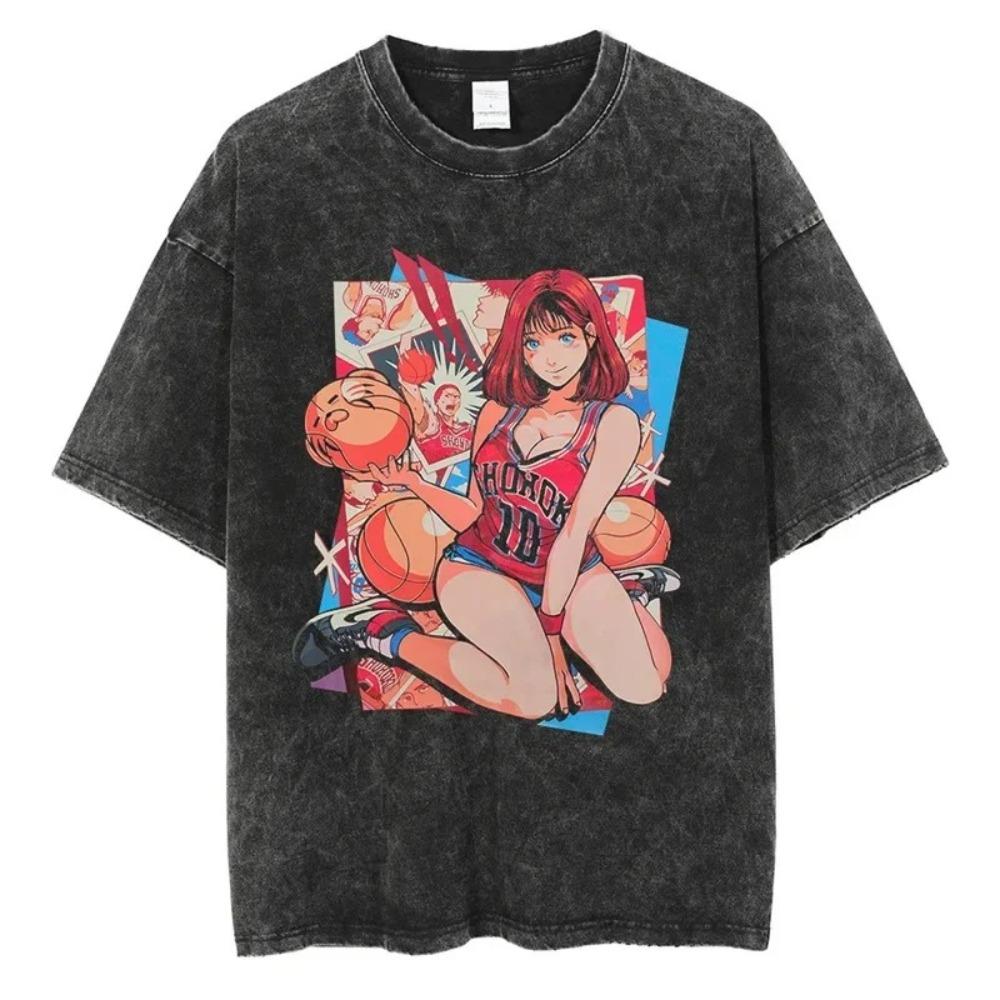 Oversized Washed Black Short-Sleeve T-Shirt Featuring Slam Dunk Haruko Akagi Female Version Sakuragi Hanamichi Anime Graphic