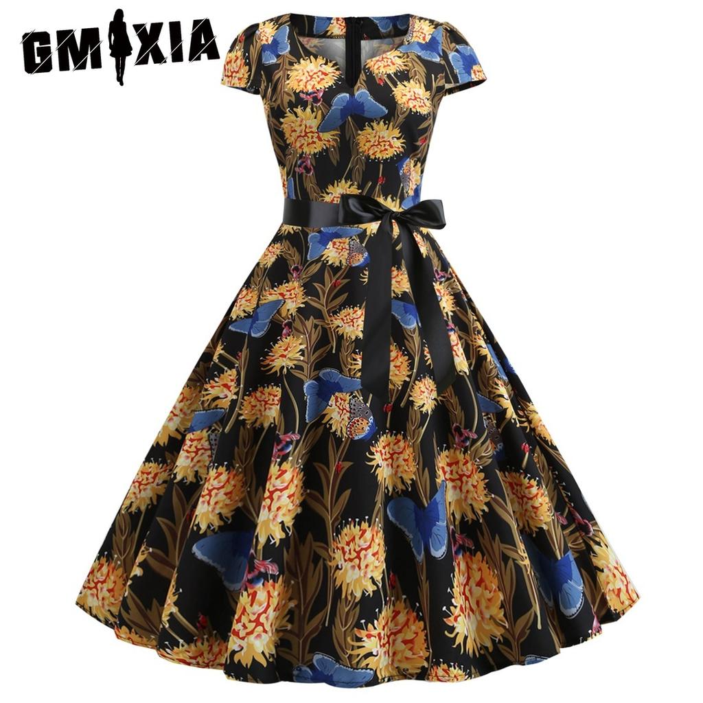 GMXIA Vintage Women's Dress with Half Open Collar Sleeve Full Print Skirt with Black Ribbon