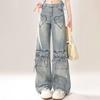 American Retro Love Heart Embroidery Utility Jeans Plus Size Unique Hot Girl Loose Slim Wide Leg Long for Women