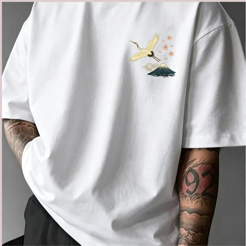 Καλοκαιρινό Ανδρικό Streetwear T-Shirt Ukiyo-e Ιαπωνικό Κύμα Άνθος Κερασιάς Γερανός Εκτύπωση Λαιμόκοψη Κοντομάνικο Πολυεστερικά Τοπ