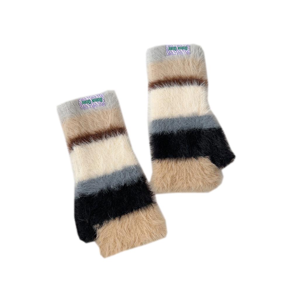 Women's Colorful Striped Wool & Velvet Fingerless Typing Gloves - Warm, Wrist Protective, Ideal for Students & Outdoor Activities