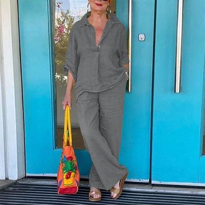 Large Size Women Cotton Linen Two-piece Sets Sportswear Pant Suit 3/4 Sleeve Blouse Set