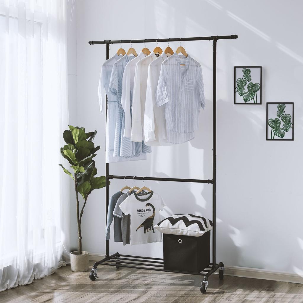 SONGMICS Industrial Clothes Rack on Wheels, Maximum load of 110 Kg, Double Garment Hanging Rod, Heavy Duty Commercial Display, Black