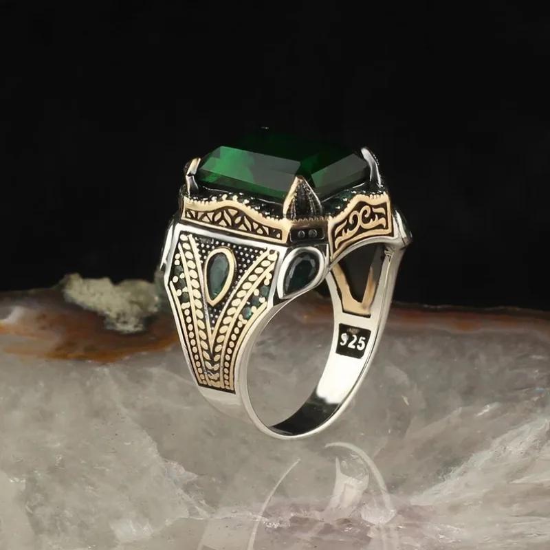 Retro Handmade Turkish Signet Rings For Men Silver Carved Ring Mystic Zircon Inlay Punk Biker Jewelry