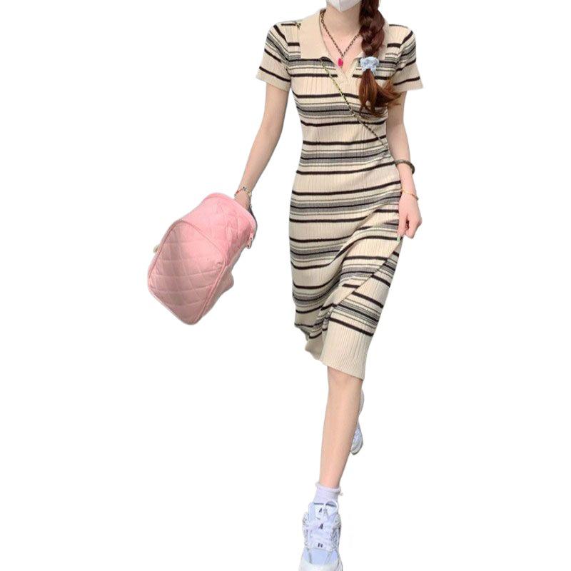 Women's Striped Polo Collar V-Neck Mid-Length Slim Fit Dress – Summer 2026 Collection