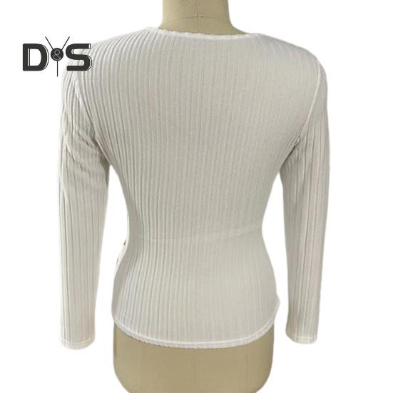 Dámské podzimní jednobarevné topy s hlubokým výstřihem do V, halenka s dlouhým rukávem, elegantní slim fit, knoflíky, dekorace, žebrované svetry