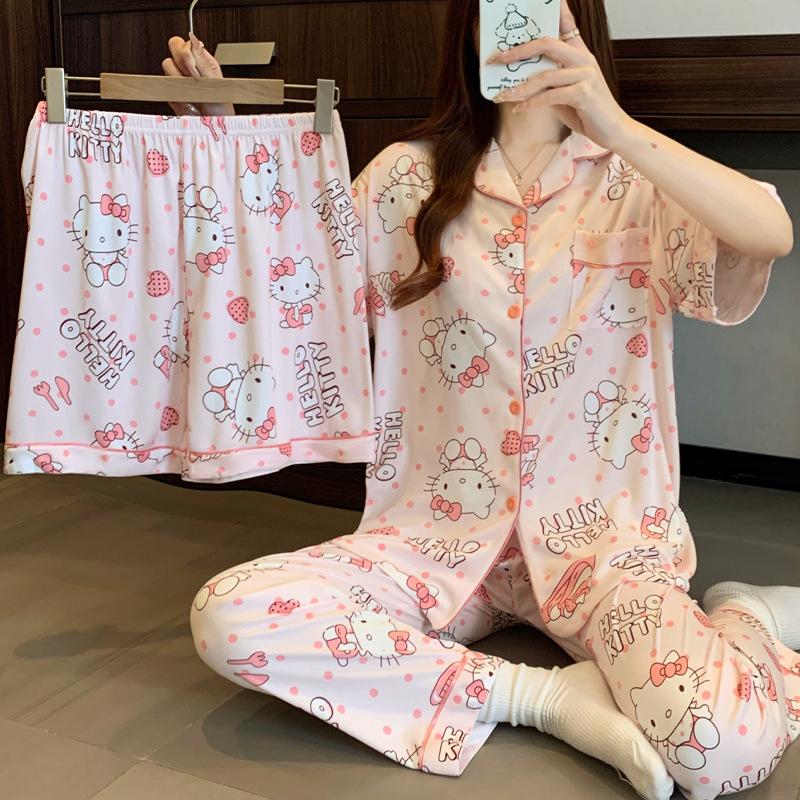 Polka Dot Spring And Summer Cartoon Three-Piece Cute Short-Sleeved Three-Piece Pajamas Women'S Loungewear
