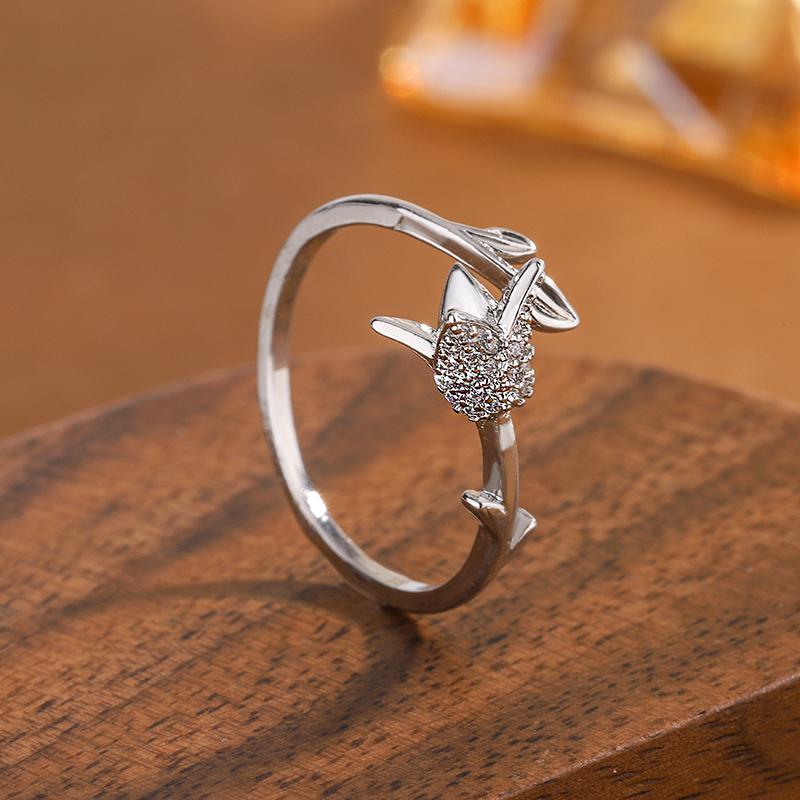New Fashion Simple Diamond Inlaid Rose 925 Sterling Silver Jewelry Personalized Flower Opening Rings  JZ009