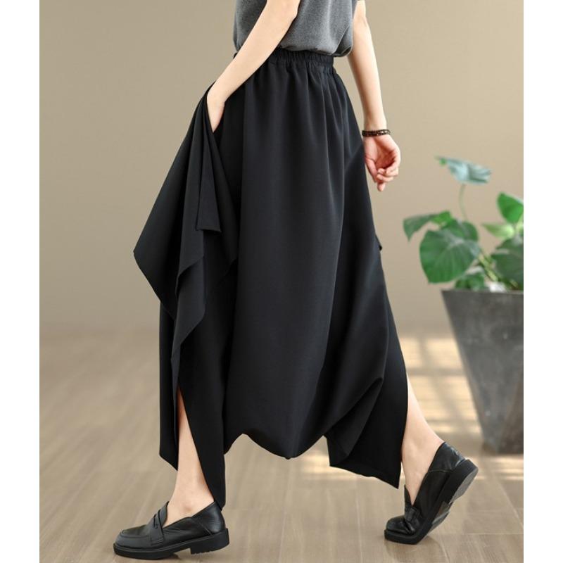 DIMANAF 2026 Summer Beach Plus Size Solid Black Long Pants Women Elastic Waist Loose Vintage Casual Trousers Skirt Pants Bottoms