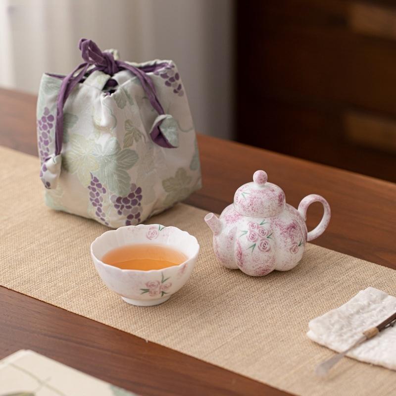 Hand Drawn Rose Ceramic Kung Fu Tea Set, One Pot, One Cup, Handmade Tea Pot, Tea Cup, Outdoor Portable Set