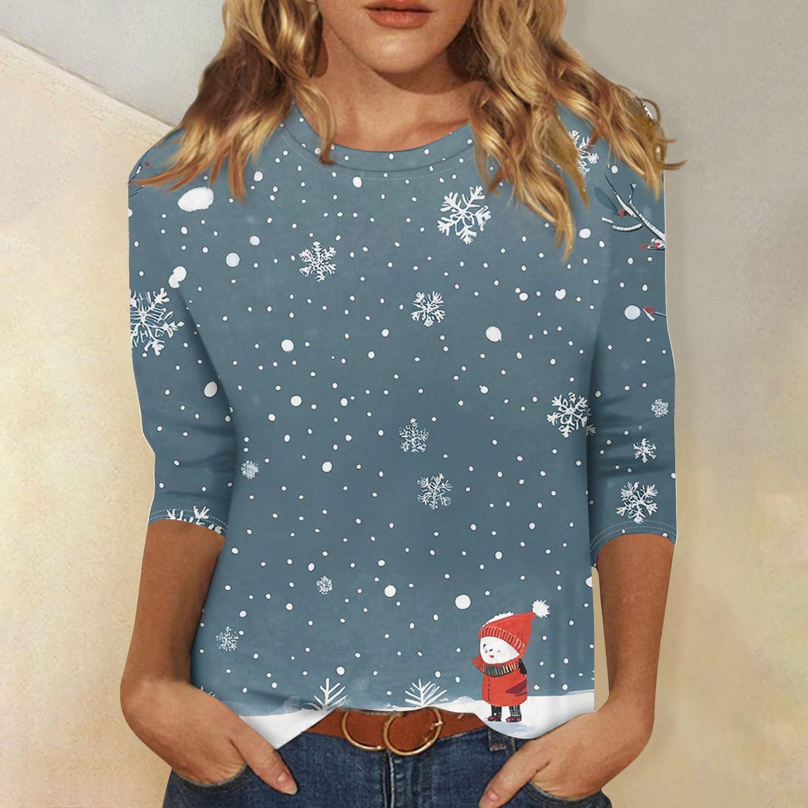 

Женская модная повседневная футболка с круглым вырезом и рождественским принтом, семь рукавов S