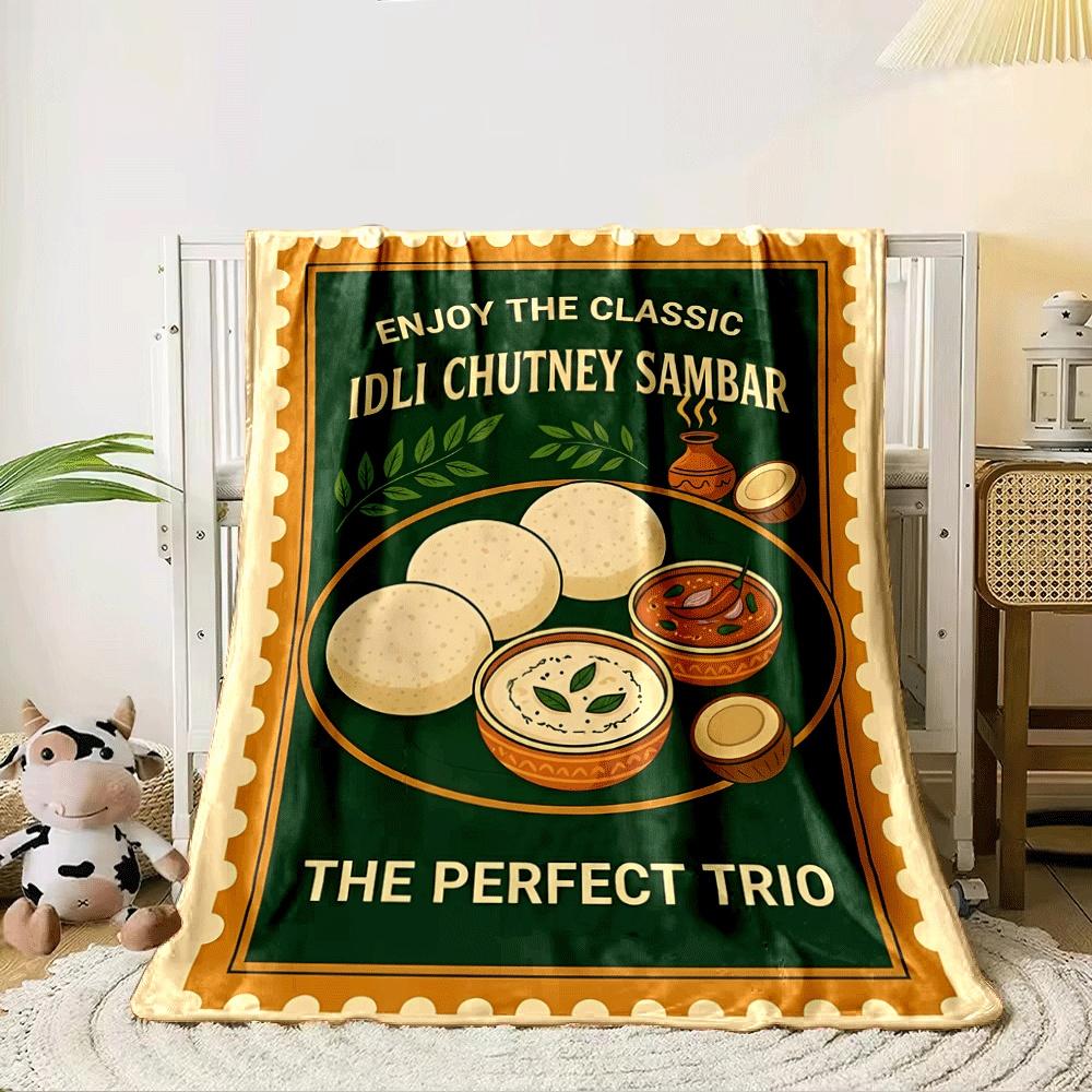An illustration of idli with chutney and sambar, showcasing South Indian food. for all seasons blanket lunch break throw gift 80cm x 120cm