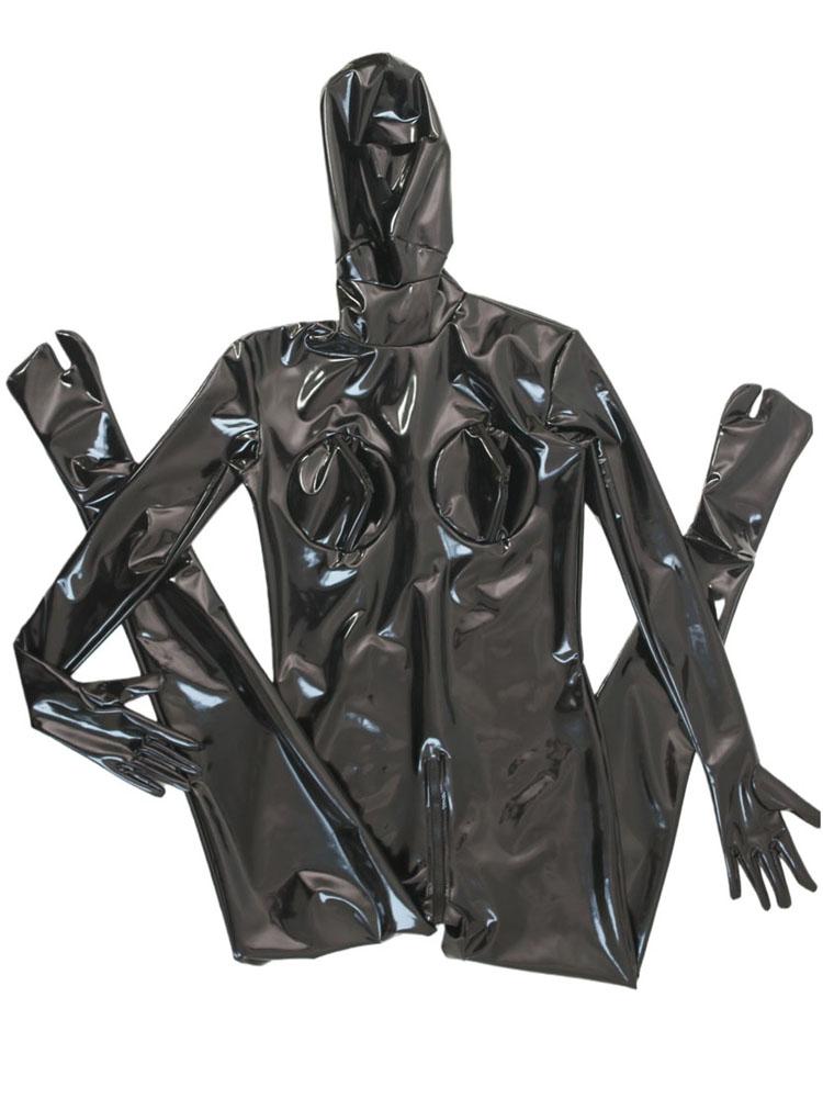 Wet Look Pvc Catsuit Bodystocking 3D Bust Shiny Pu Leather Zipper Open Crotch Bodysuit Tights Leotard Conjoined Zentai Jumpsuit