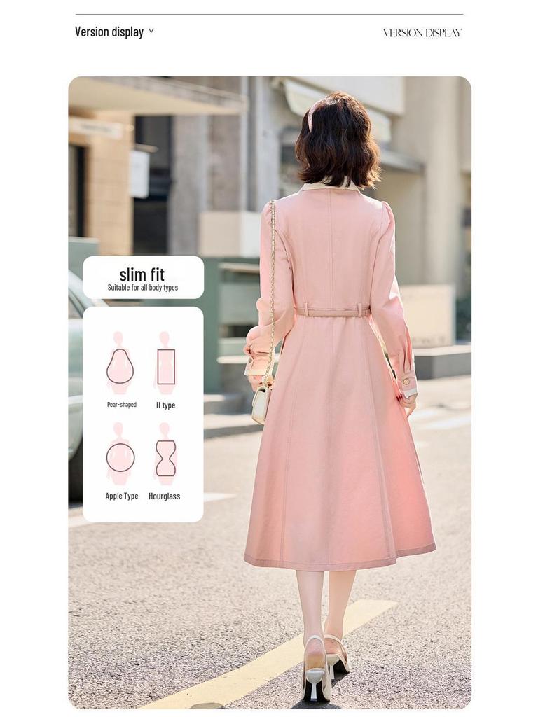2025 Spring Women's Color Block Long Dress with Belt and Turn-Down Collar