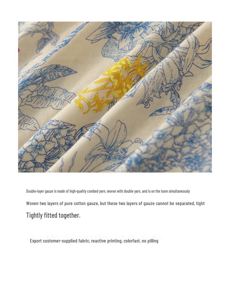 Monet Floral Double-Layer Gauze Pajamas for Women - Light Luxury All-Cotton Set for Spring and Autumn