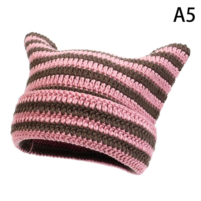 Japanese Streetwear Harajuku Beanie Little Devil Striped Knitted Hat Women Girls Autumn Winter Cute Cat Ears Cap