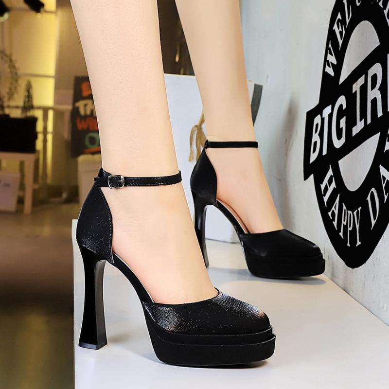 Simple Square Head Hollow Super High Heel Sandal One-Button High Heels Thick Heels Waterproof Table Satin High Heels Women Shoes