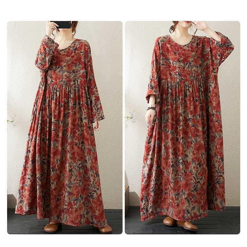 Round Neck Long Sleeve Loose Literary Vacation Style Plus Size Skirt