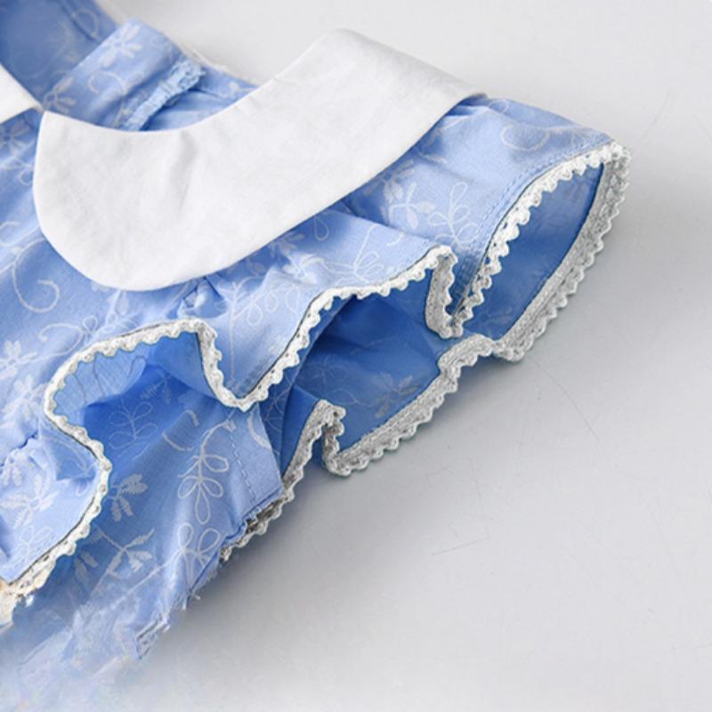 Wiosna i Lato Nowa Dziewczęca Świeża Niebieska Sukienka w Małe Kwiatki z Kapeluszem