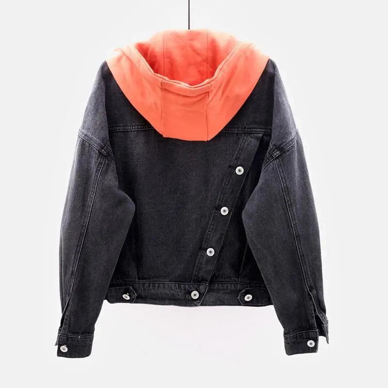 Spring Plus Size Blue Deconstructable Hooded Turn Down Collar Jean Coat Jacket Women Loose Outwear