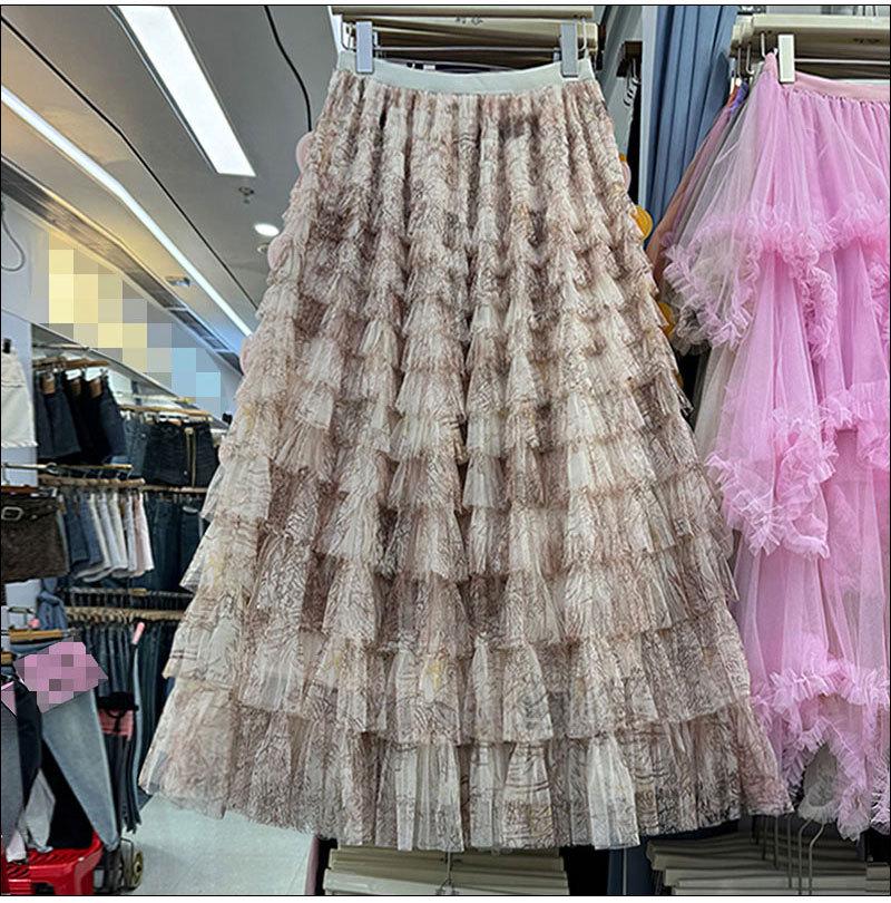 Verlaufender Retro Batik Mesh Tüll Midi Rock