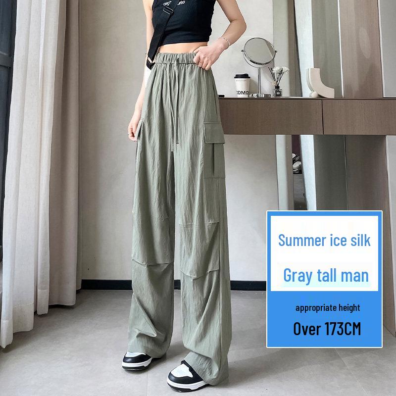 Women's Small Straight Leg Work Pants - Summer Ice Silk, Designer-Style, Elastic High Waist, Wide Leg, Floor-length