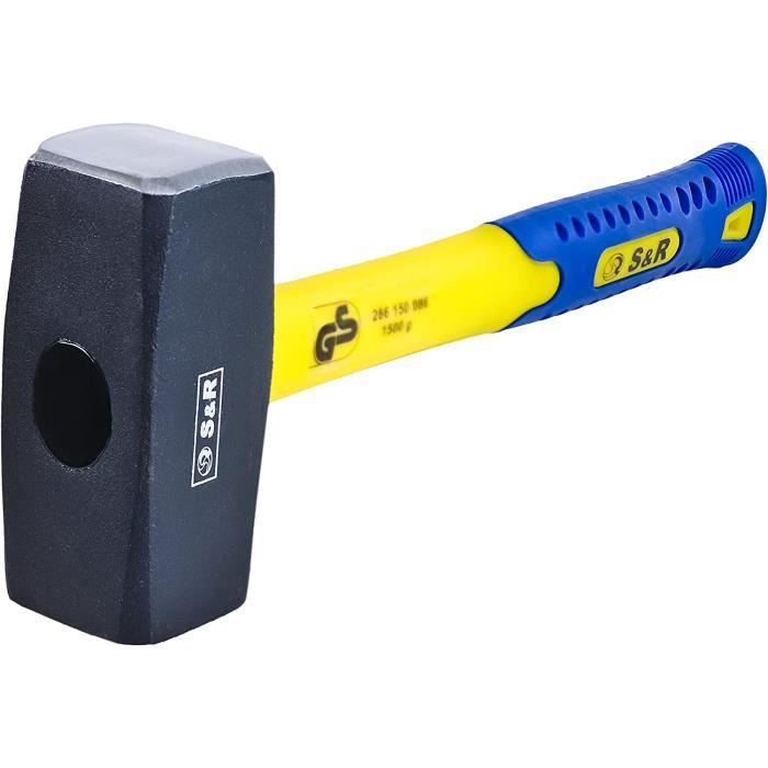 Massette marteau en acier forgé 1500 g - S&amp;R - Réf 286150086 - Manche en fibre de verre antichoc