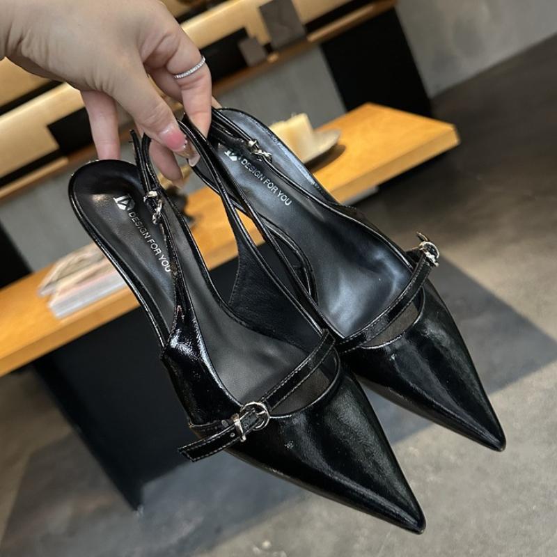 Fashion Patent Leather Thin Heel Pointed Toe Women Sandals 2025 Summer Buckle Low Heel Shallow Dress Shoe Sexy Party BrandsShoes