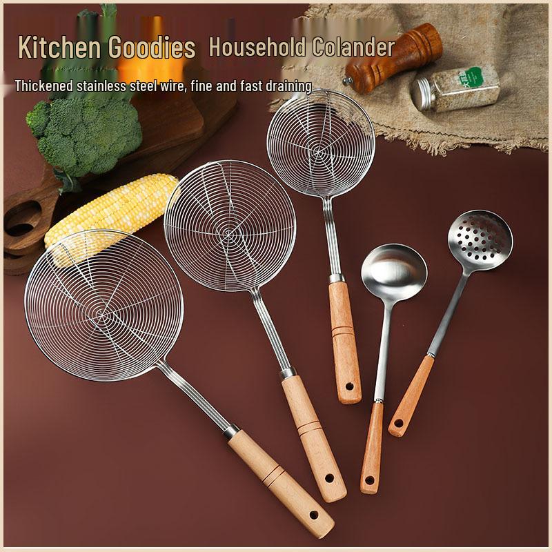 Stainless Steel Four-Wire Skimmer with Wooden Handle, Long-Handled Kitchen Sieve for Hot Pot