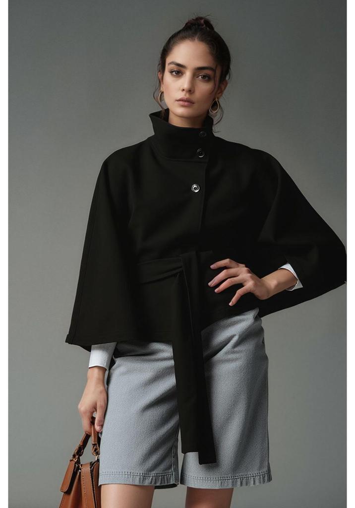 European and American Women's Autumn/Winter Wool Cape Coat with Stand Collar and Belt