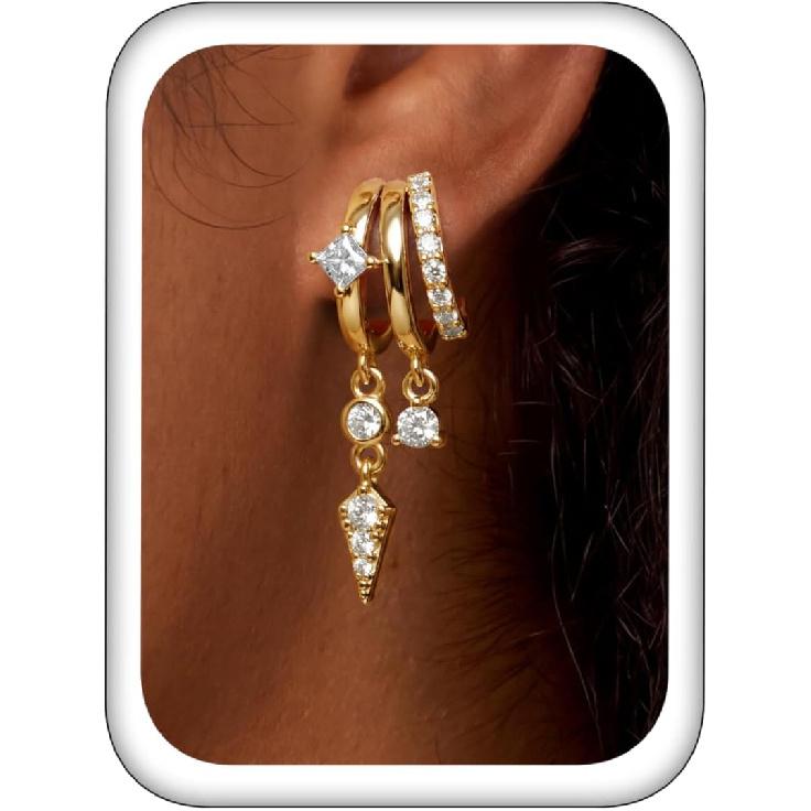 Triple Huggie Stacked Earrings for Women Gold Chain Drop Dangle Earrings Cute Statement CZ Earrings Trendy Dainty Jewelry Gift